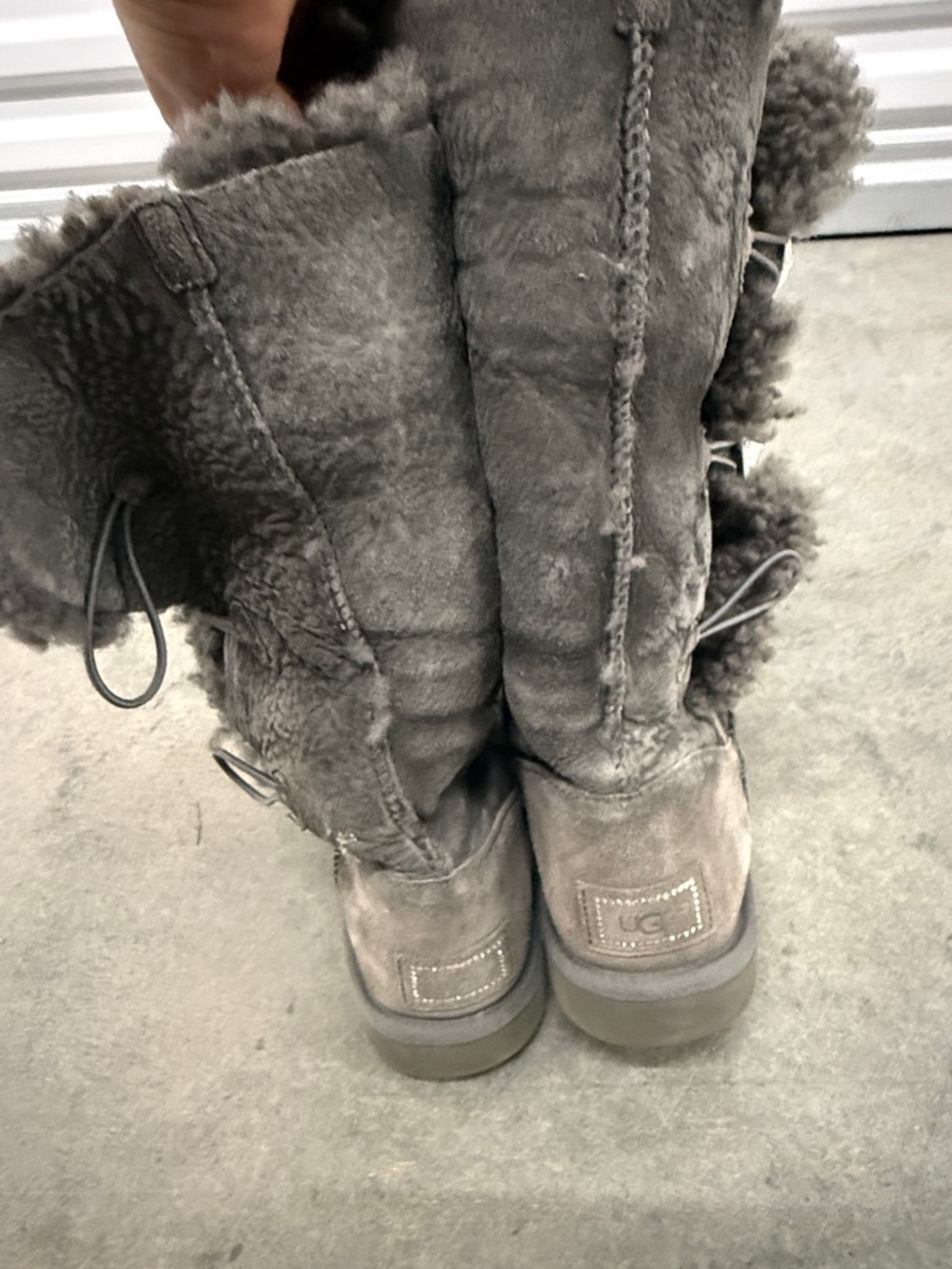 UGG Grey Suede Shearling Button Mid-Calf Boots - Picture 4 of 5